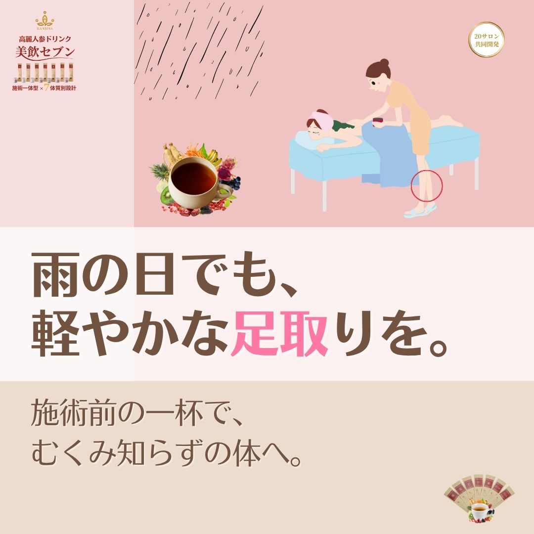 水分で重く滞った足に、手技は浸透しない。施術前の『むくみ』で水の巡りを調律し、技術の真価を100%通す。